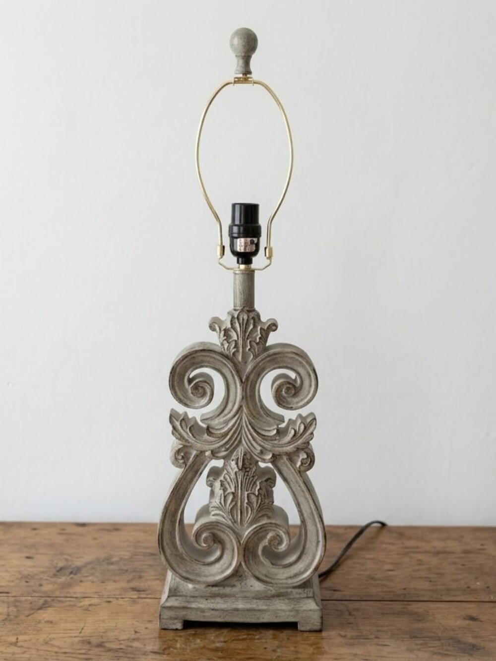 French Provincial Style Table Lamp Distressed Grey Scrollwork Modern Farmhouse